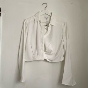 Maison d'Adilie White Cropped Blouse Wrap Front Tie Detail Long Sleeve Women